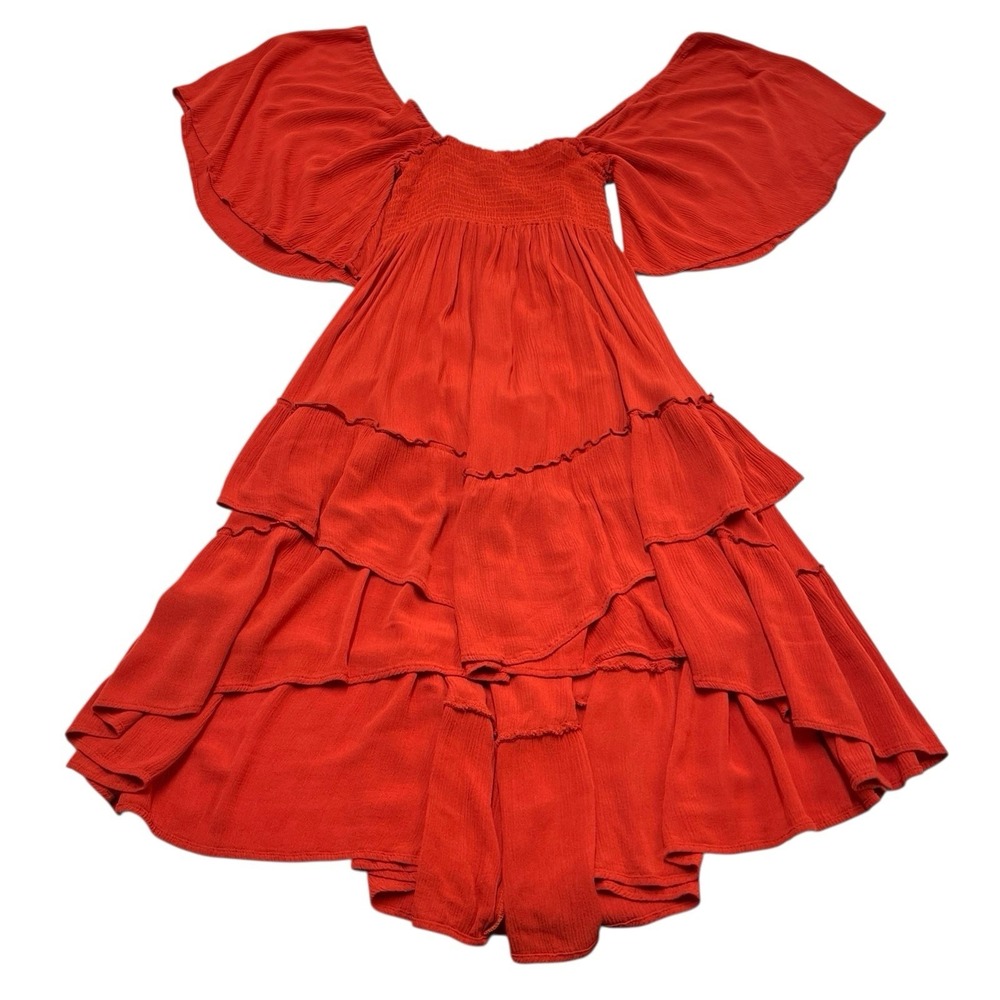 Blue Buttercup Y2K Dress Women M Orange Smocked Tiered Mini Coquette Boho Hippie